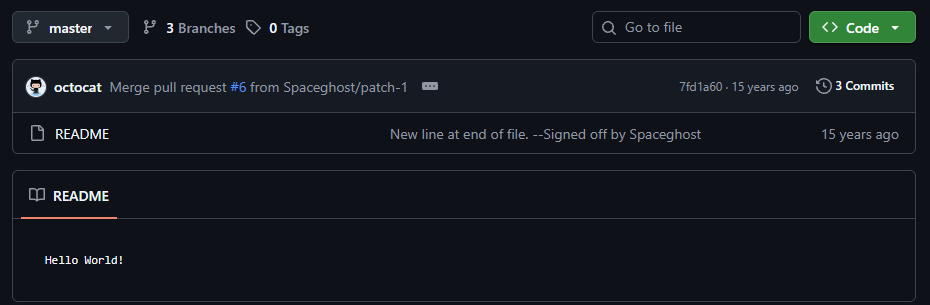 Página del repositorio público octocat/Hello-World en GitHub